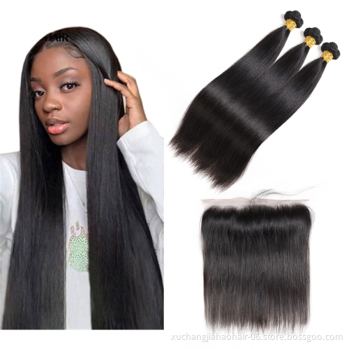 Top quality 30 32 inchwholesale human hair weave bundles with closure 13*4 transparent swiss lace frontal closure with bundles